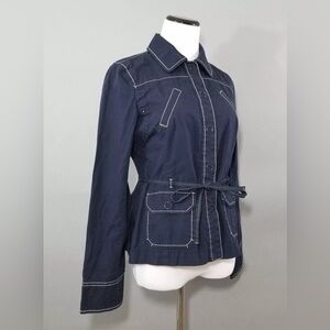 Ann Taylor Loft Womens Navy Blue Khaki Short Tie Waist Fall Mac Jacket Sz 12